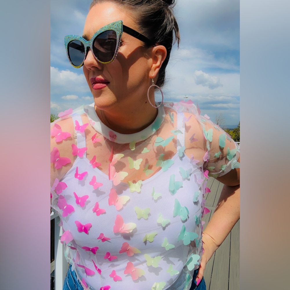 White Mesh 3D Butterfly Top